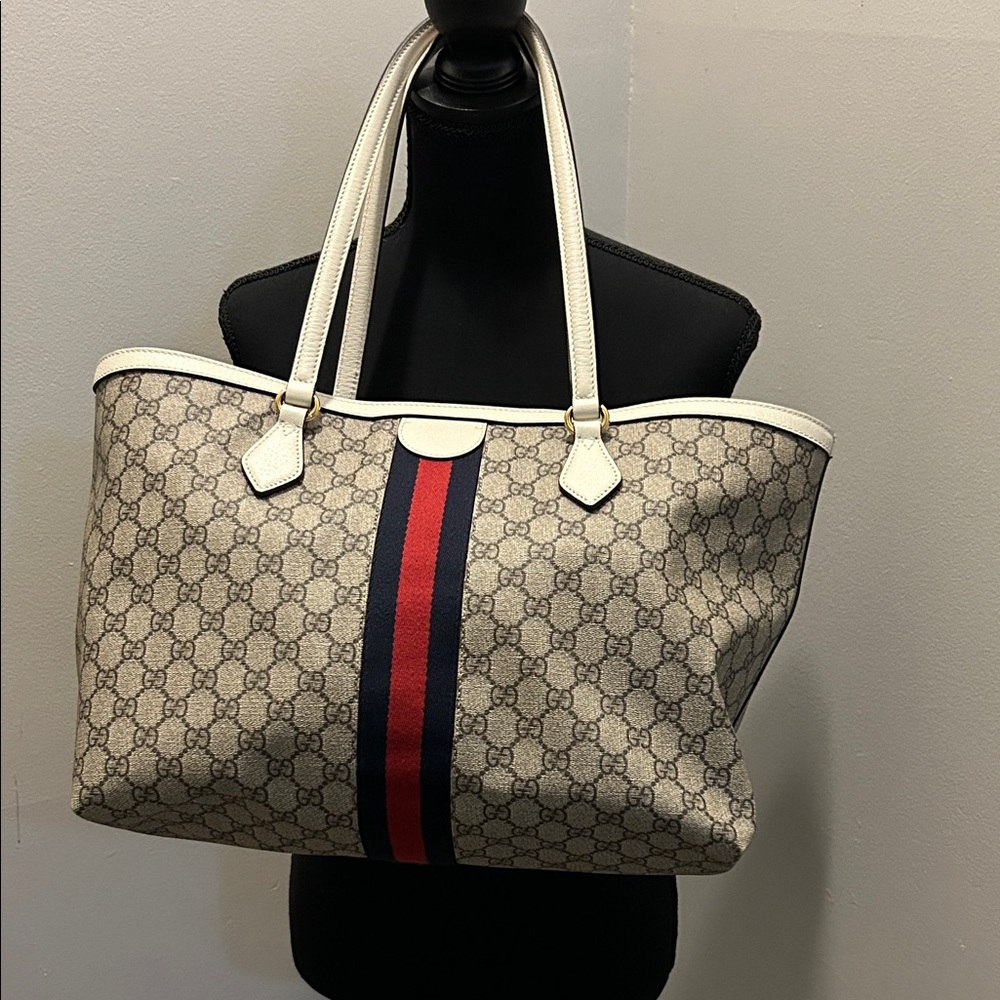 Gucci Ophidia Beige Monogram Tote with Red and Blue Accent
